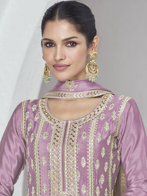 Purple Chinon Silk Sharara Suit 189119 Closure View